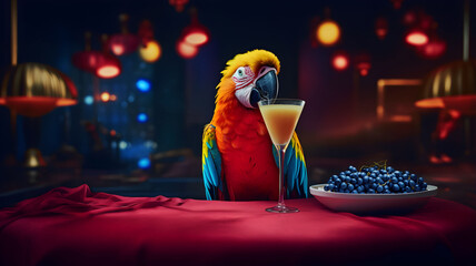Macaw drinking a cocktail in a bar, tropical cocktail, tropical event, paradise island, tropical...