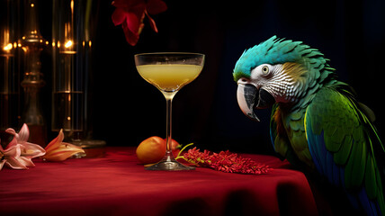 Parrot drinking a cocktail in a bar, tropical cocktail, tropical event, paradise island, tropical...