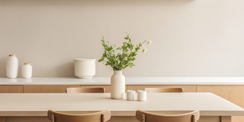 Minimal table decor with white and beige kitchen and dining interior. - obrazy, fototapety, plakaty