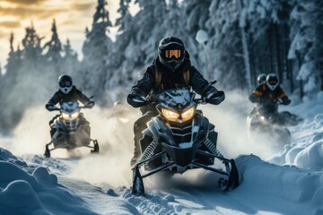 Group of friends snowmobiling through a scenic winter landscape, capturing the excitement of snowy adventures - obrazy, fototapety, plakaty