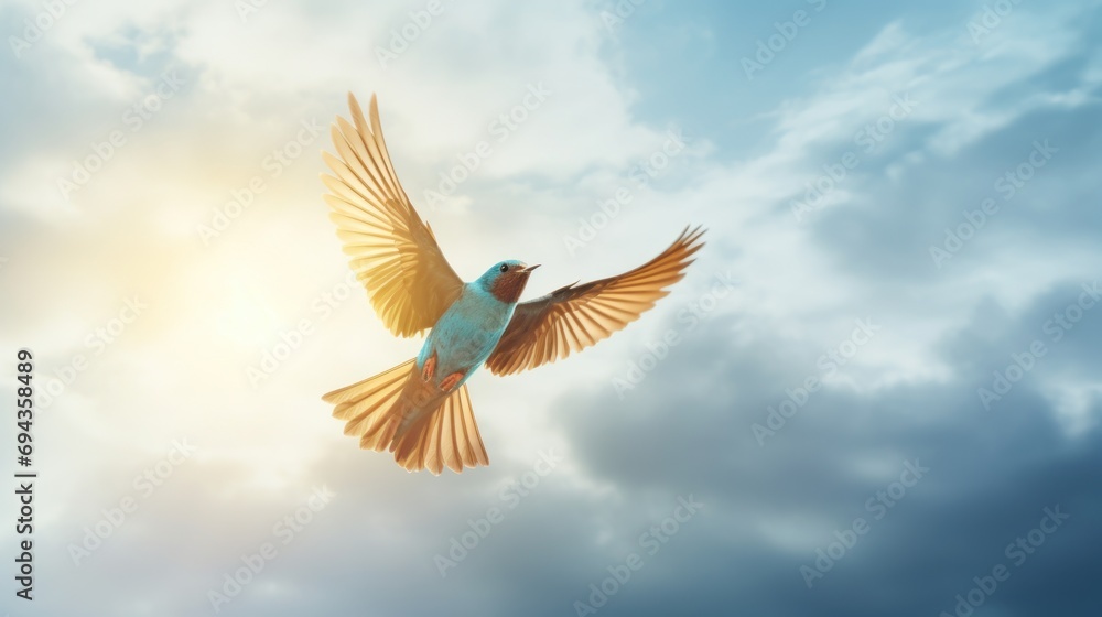 Poster a bird that is flying in the air with its wings wide open and it's wings are spread wide.