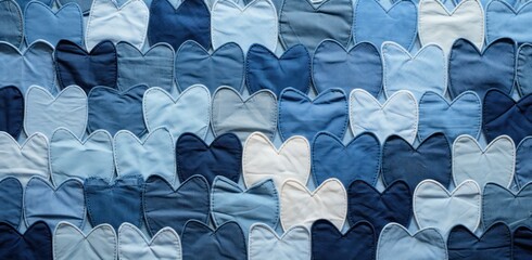  a close up of a piece of cloth with blue and white stitchs and a pattern of hearts on it.