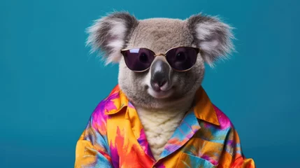 Rolgordijnen Fluffy koala in sunglasses and colorful shirt  © Fly Frames