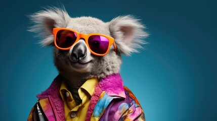 Fototapeta premium Fluffy koala in sunglasses and colorful shirt 