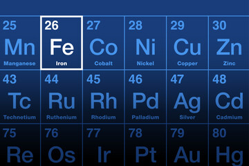 Iron element on the periodic table. Ferromagnetic transition metal, with the element symbol Fe from Latin ferrum, and atomic number 26, the fourth most common element in the Earth crust.