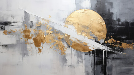 art of painting gold and black sphere on gold and silver in a rustic abstraction style with thick layers of paint in the form of a light white and gray canvas  created with Generative AI Technology - obrazy, fototapety, plakaty