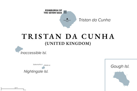 Tristan da Cunha, Inaccessible, Nightingale and Gough Island, gray political map. Remote group of South Atlantic volcanic islands. British Overseas Territory with capital Edinburgh of the Seven Seas.