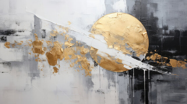 art of painting gold and black sphere on gold and silver in a rustic abstraction style with thick layers of paint in the form of a light white and gray canvas  created with Generative AI Technology