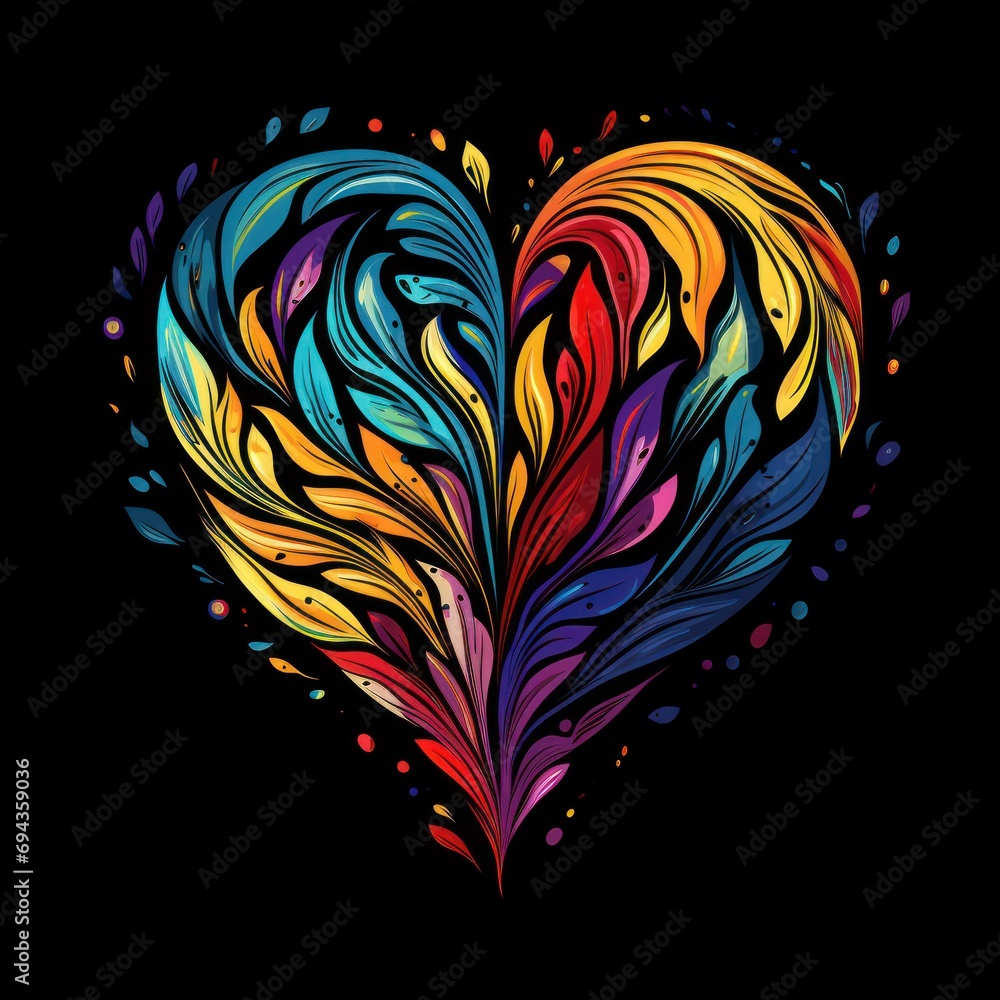 Poster a multicolored heart on a black background with a pattern in the shape of a bird's wing.