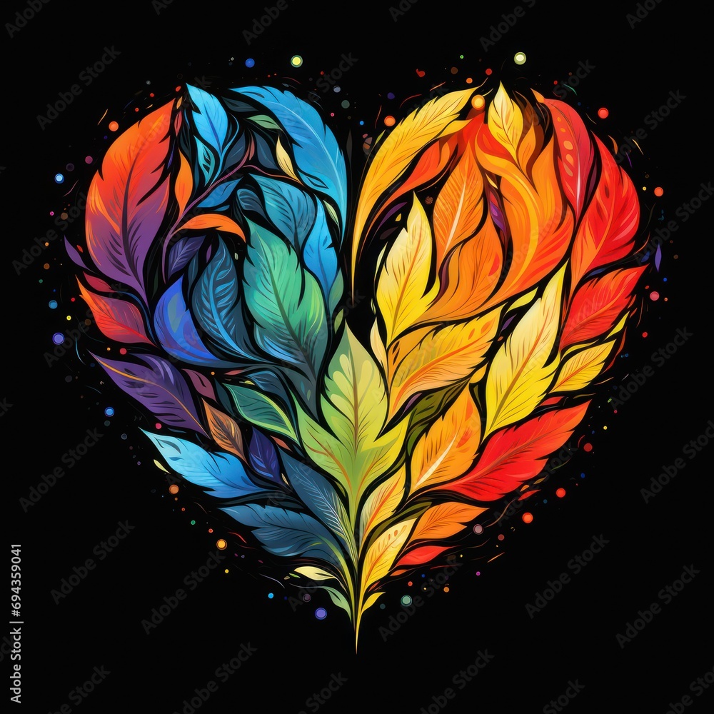 Poster a colorful heart made up of leaves on a black background with a splash of paint on the bottom of the
