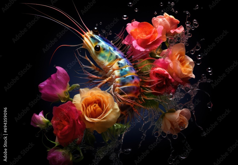 Poster a close up of a shrimp surrounded by flowers on a black background with water splashing on the botto