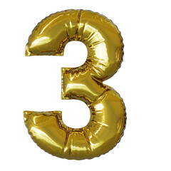 Golden mylar foil balloon of number 3, isolated on transparent background, big size image, high resolution, 3d render 