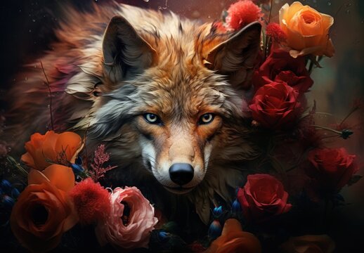  A Painting Of A Wolf Surrounded By Red And Orange Flowers And A Black Background With A Quote That Reads, The Wolf Is In The Midst Of The Roses.