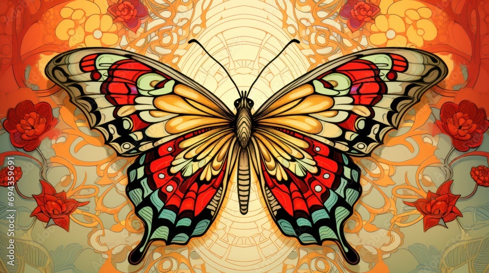 Poster a colorful butterfly sitting on top of a red and yellow flowered background with a swirly design in 