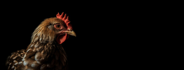 Home pet hen chick on a black background close-up, isolate. AI generated.