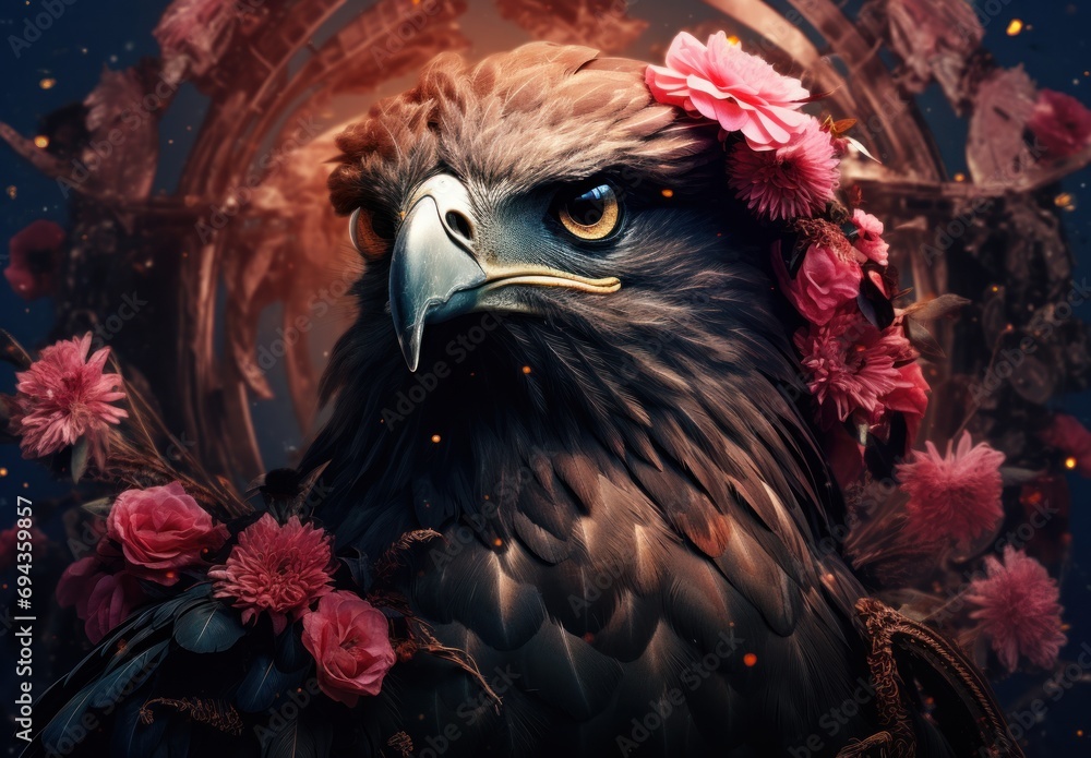 Aufkleber a close up of a bird with flowers on it's head and in the background is a circular mirror.