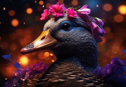  a close up of a duck with a flower crown on it's head and purple flowers on its head.