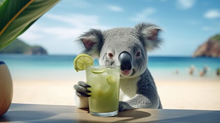 Funny koala drinking cocktail on beach  - obrazy, fototapety, plakaty