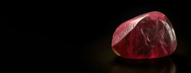 Red beryl is a rare precious natural stone on a black background. AI generated. Header banner mockup with space.