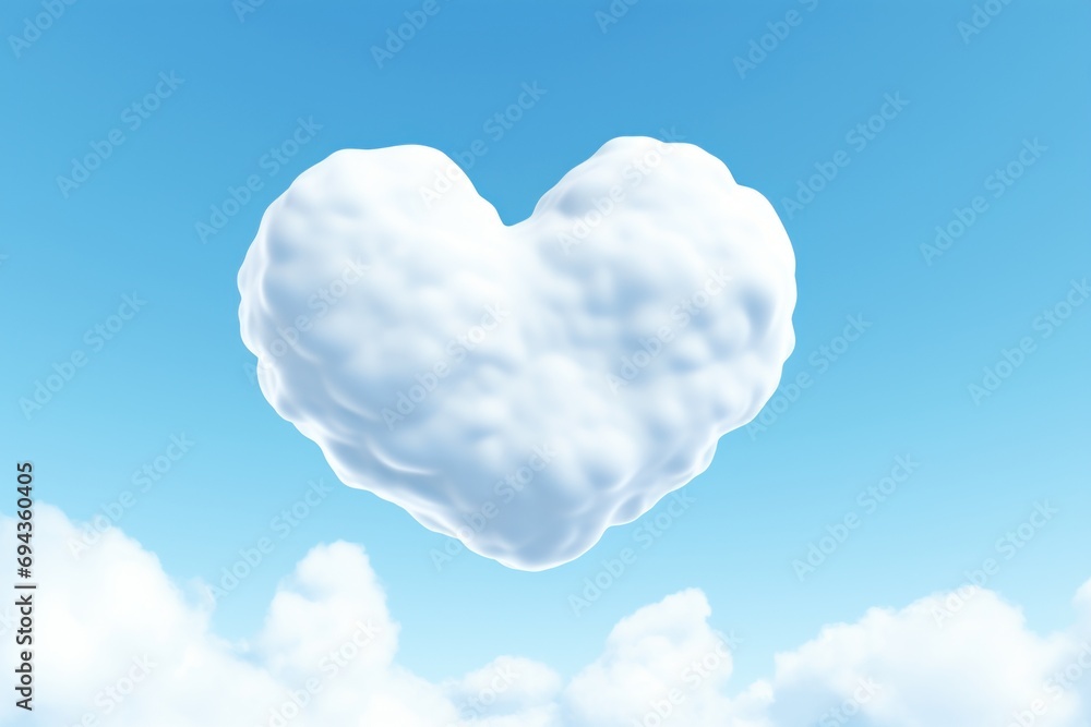 Poster a cloud in the shape of a heart floating in the air with a blue sky and clouds in the background.