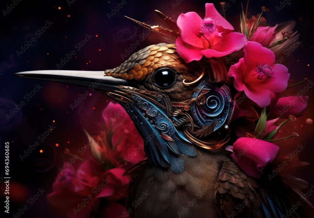 Poster a close up of a bird with a flower in it's beak and a flower in its beak on it's head.