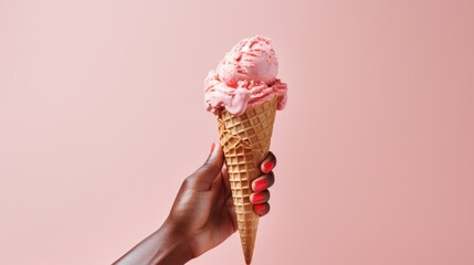 Woman's Hand Grasps a Pink Strawberry Ice Cream, with her Nails Polished to Perfection. Pink background.