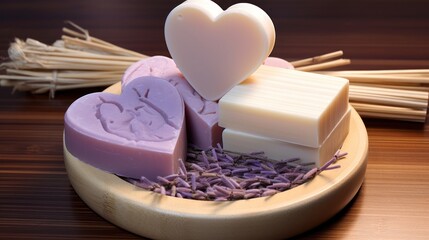  a couple of soaps sitting on top of a wooden bowl next to a bunch of sticks of lavender on top of a table.