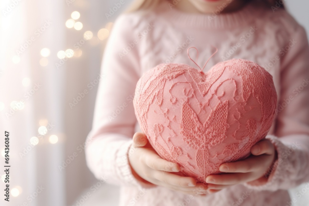 Poster a close up of a person holding a heart shaped object in front of a window with christmas lights in t