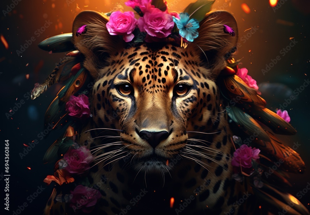 Poster a close up of a leopard with flowers on it's head and feathers on it's head, surrounded by feathers 
