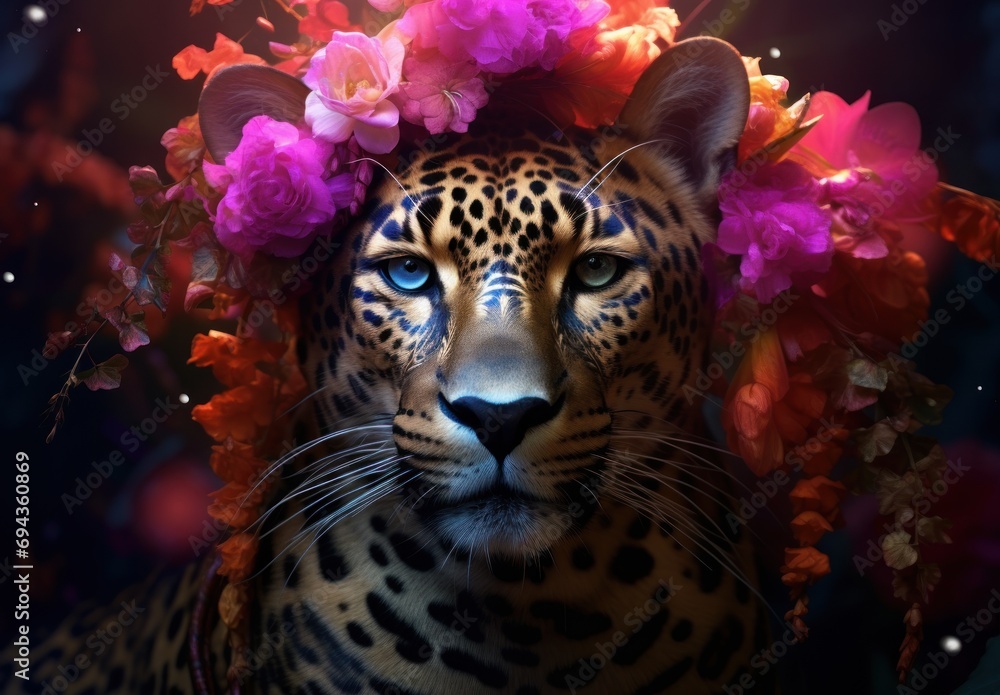 Poster a close up of a leopard with flowers on it's head and in the background is a dark background.