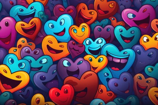  a large group of colorful hearts with faces and mouths on a black background with a caption that says happy valentine's day.