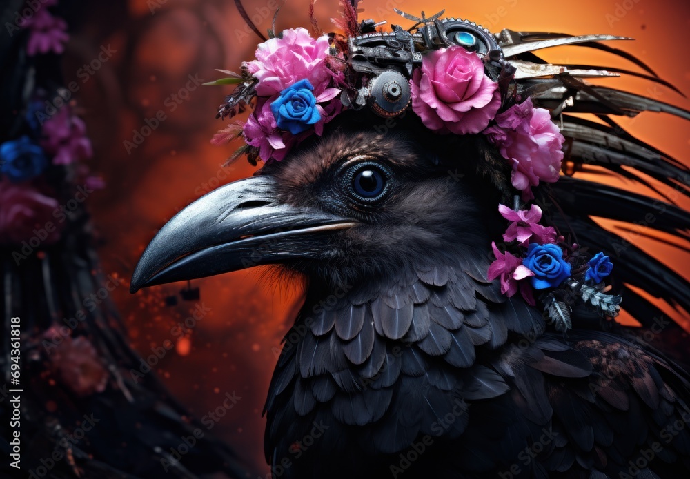 Poster a close up of a bird with a flower crown on it's head in front of a red background.