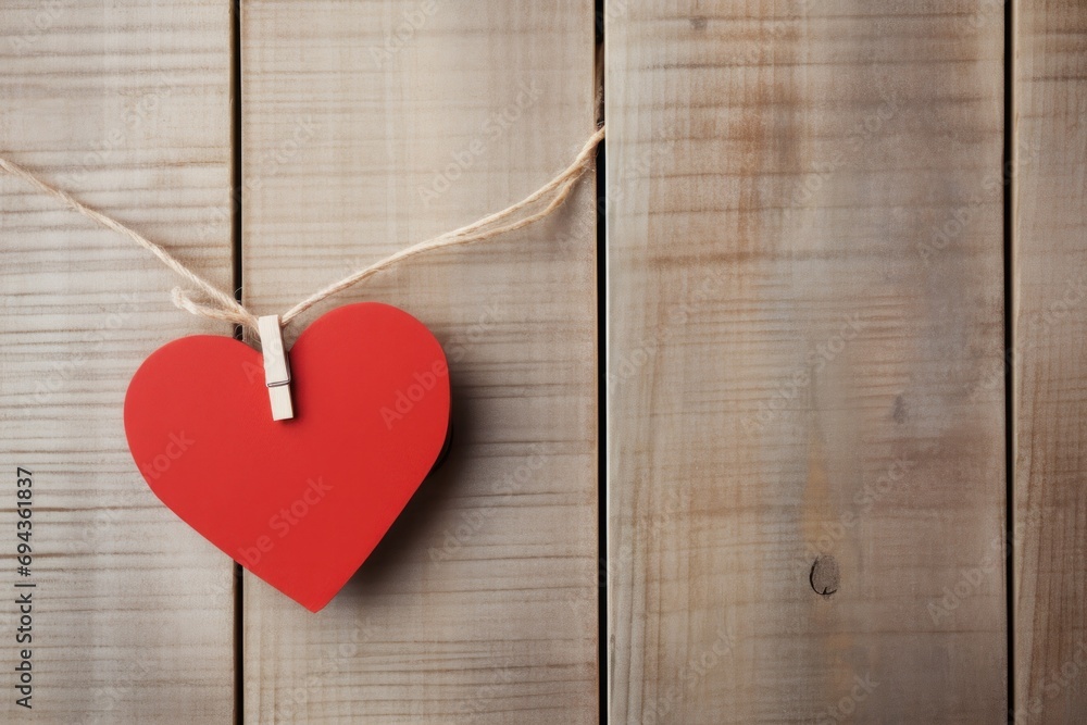 Poster a red heart hanging from a string on a wooden wall with a string attached to the side of the heart.