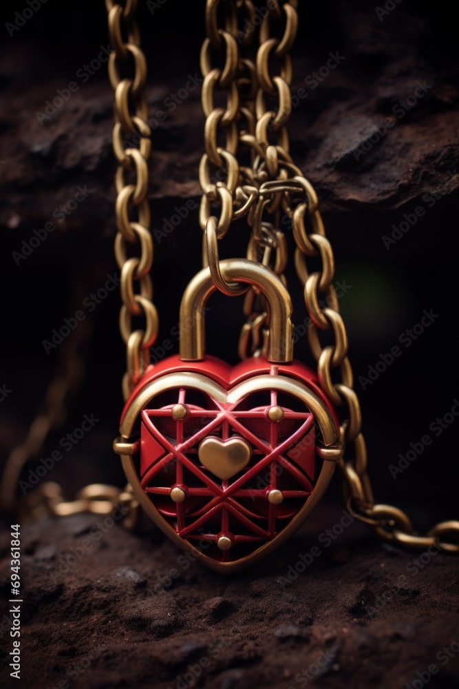 Poster a close up of a chain with a heart shaped lock and a chain with a padlock attached to it.
