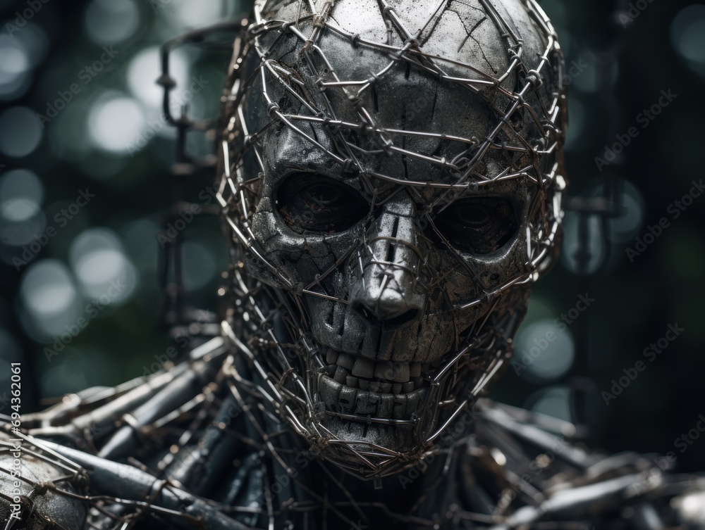 Poster a skeleton with a wire wrapped around it's face and neck, standing in front of a forest of trees.