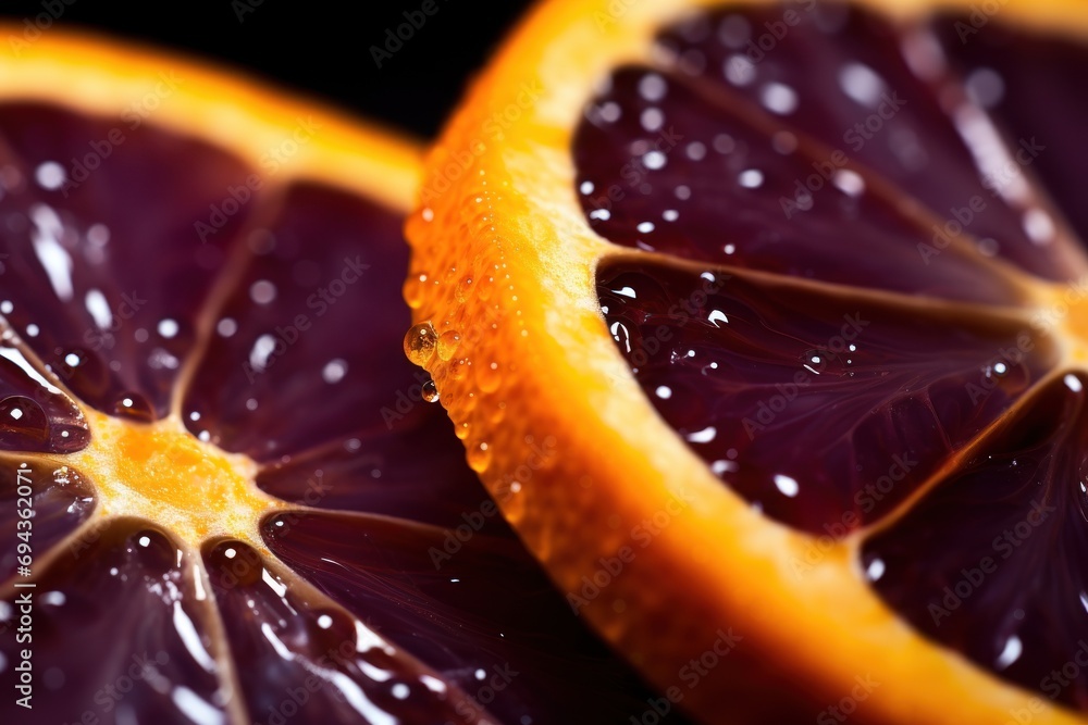 Poster a close up of a grapefruit cut in half with drops of water on the top of the grapefruit.