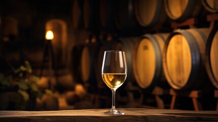 Glass of white wine and barrels in the wine cellar