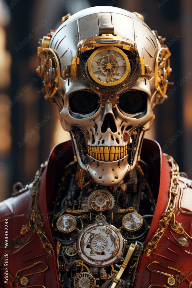Poster a close up of a skeleton wearing a suit with a clock on it's face and a clock in its mouth.