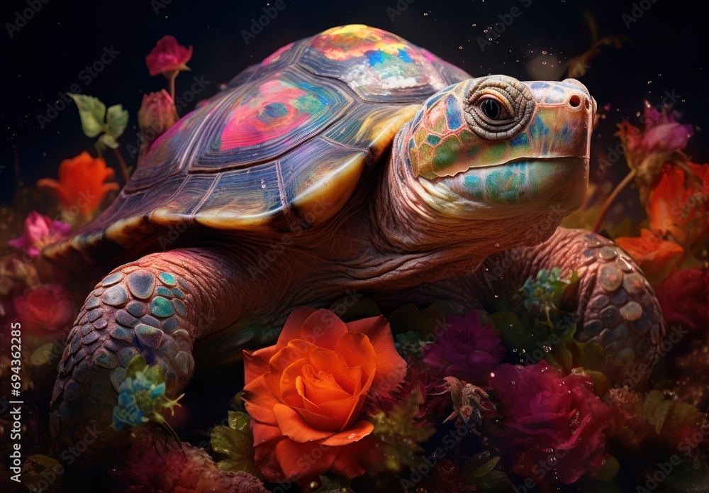 Poster a close up of a turtle with a flower in the foreground and a background of flowers in the foreground