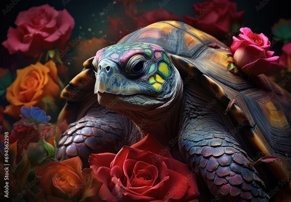 Poster a close up of a turtle with a flower in the foreground and a rose in the middle of the frame.