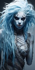  a woman with blue hair and makeup is dressed as a corpse from the movie corpse of chucky chucky chucky chucky chucky chucky chucky chucky chucky chucky chucky chucky chucky chucky. - obrazy, fototapety, plakaty
