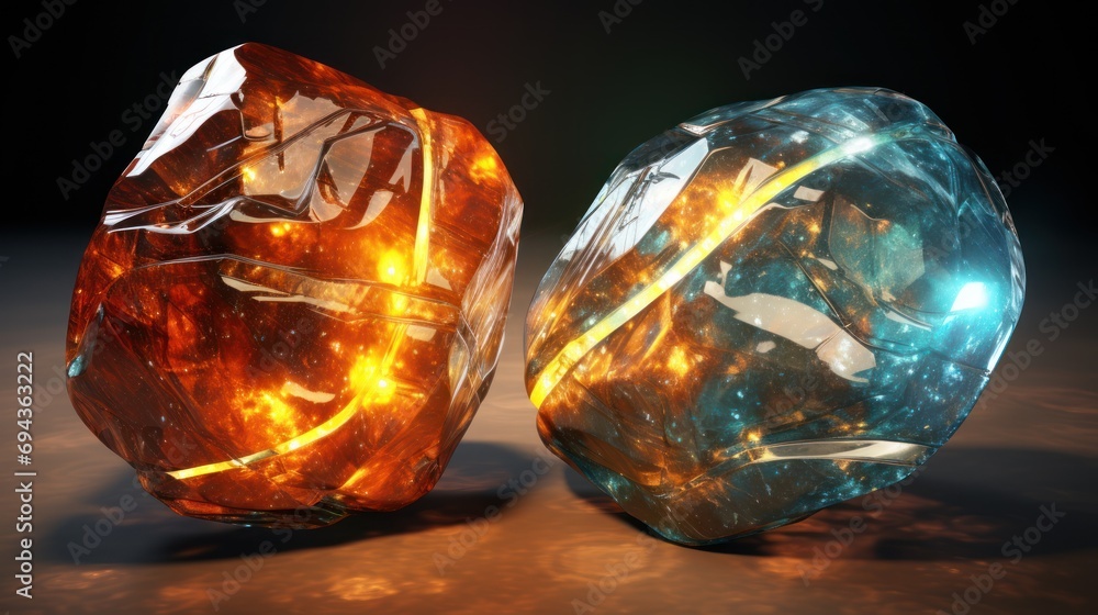 Poster a close up of two glass objects on a table with a lightening effect in the middle of the image.