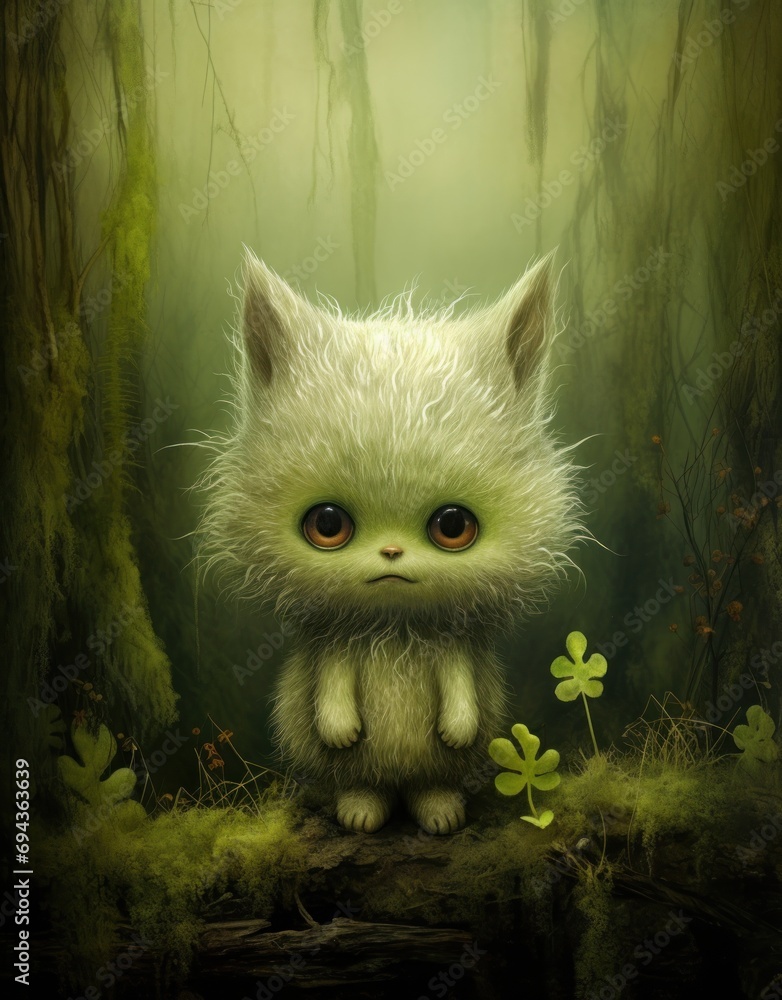 Poster  a painting of a cat sitting in the middle of a forest with a four leaf clover in front of it.