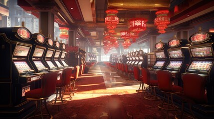 Slot machines in a casino, slot machine hall, big risks and big winnings, bets on sports and slot machines, jackpot 777