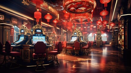 Slot machines in a casino, slot machine hall, big risks and big winnings, bets on sports and slot machines, jackpot 777