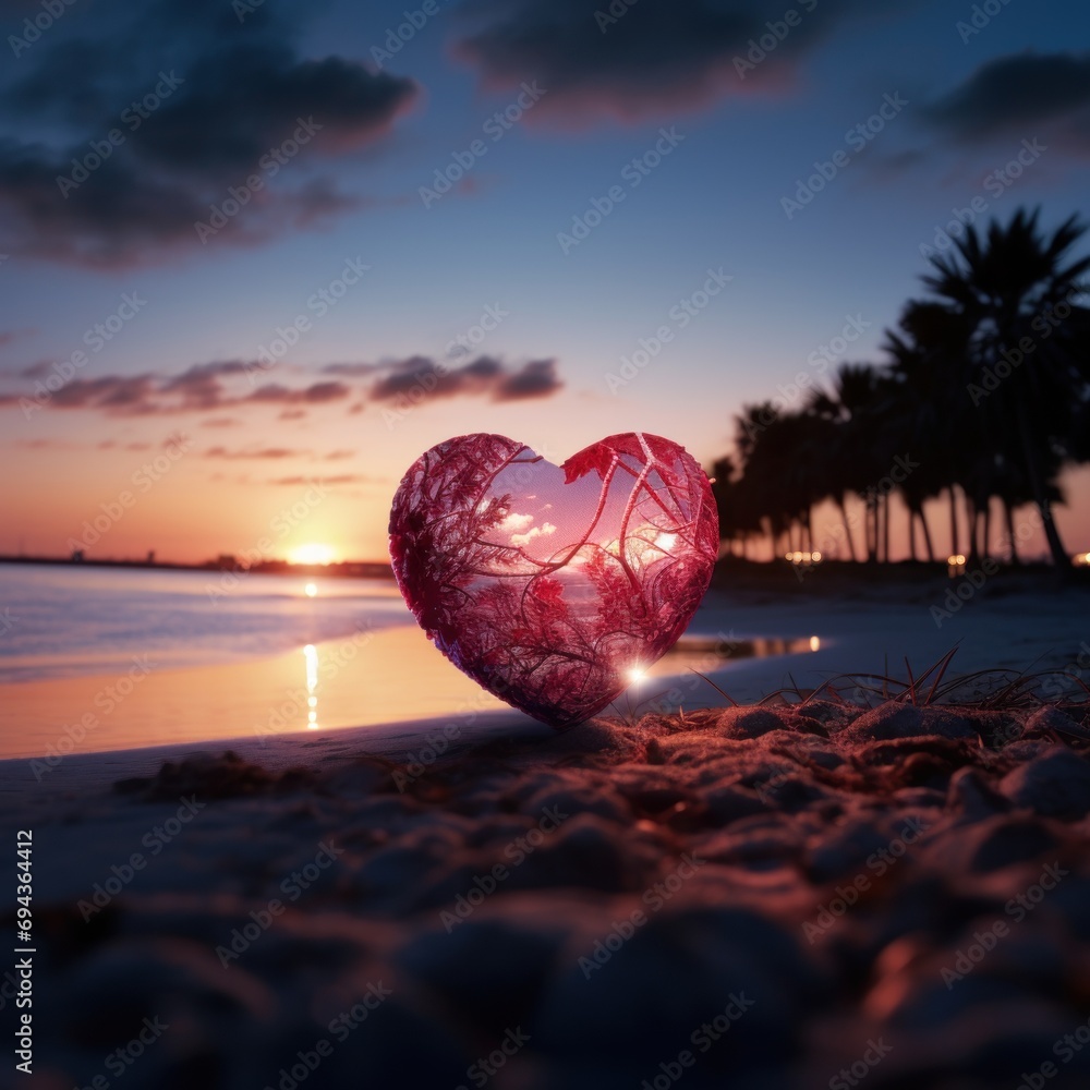 Poster a heart shaped object sitting on top of a beach next to a body of water with palm trees in the backg