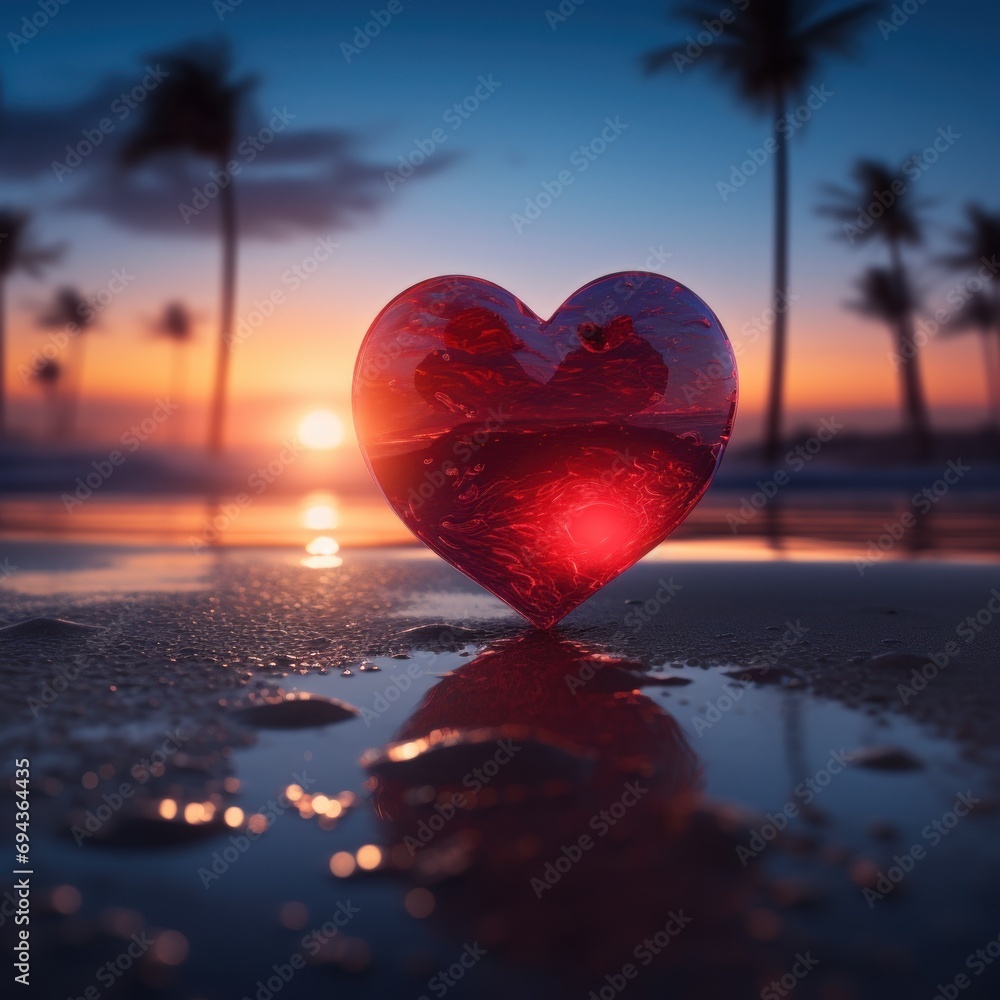 Poster a red heart shaped object sitting on top of a wet beach next to a palm tree filled with lots of wate