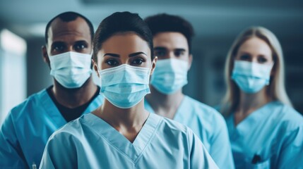Group of doctors wearing face masks in hospital