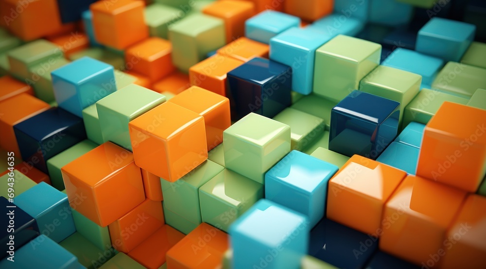 Poster a bunch of different colored cubes that are stacked on top of each other in the same color as they a