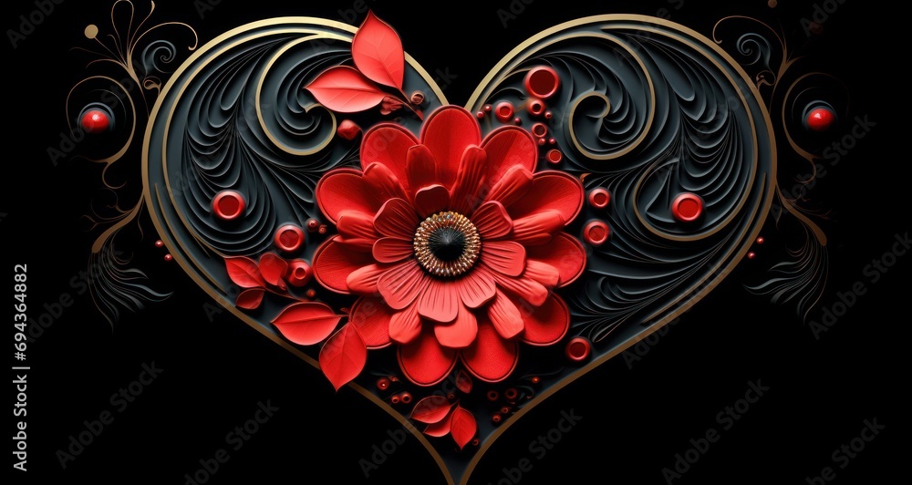Poster a heart shaped frame with a red flower in the middle of the frame and a black background with swirls